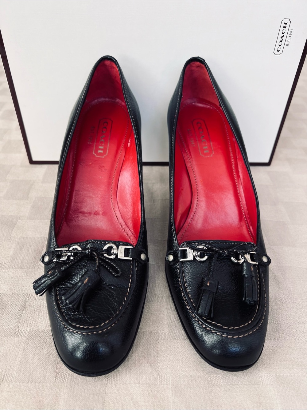 COACH NWT Black Leather Tassel Loafers w/ Red Insole, Original Box (never worn)